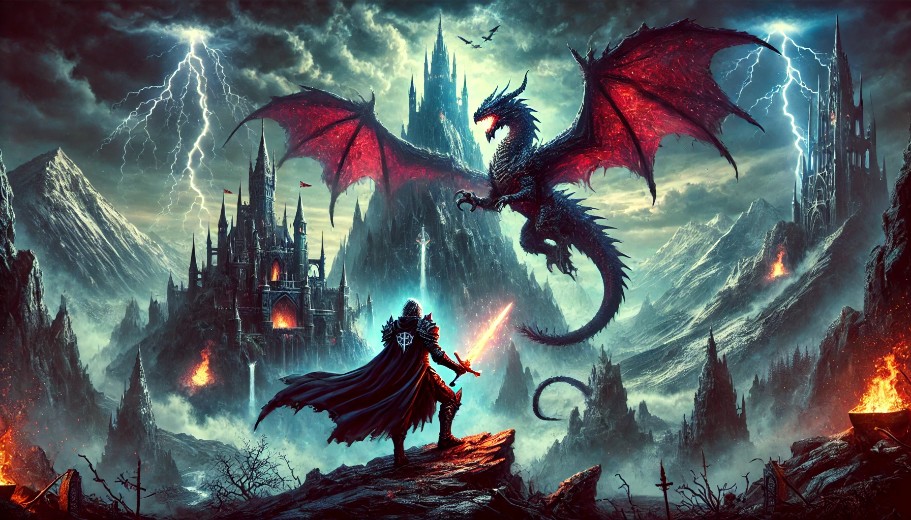 Epic fantasy scene with a dark-armored warrior wielding a glowing sword, facing a massive dragon with fiery wings, gothic castles, and stormy skies in the background.