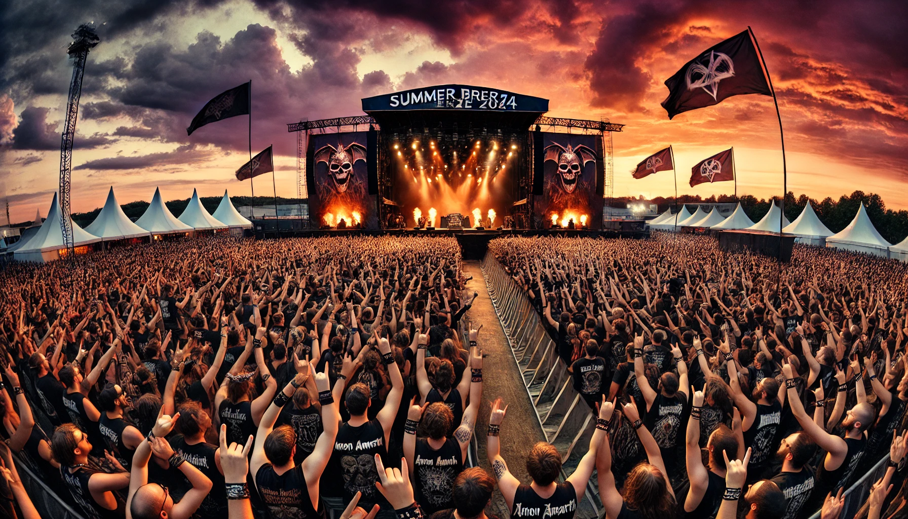 Massive crowd of metal fans at Summer Breeze 2024 festival, with intense stage lights, smoke, pyrotechnics, and fiery sunset sky.