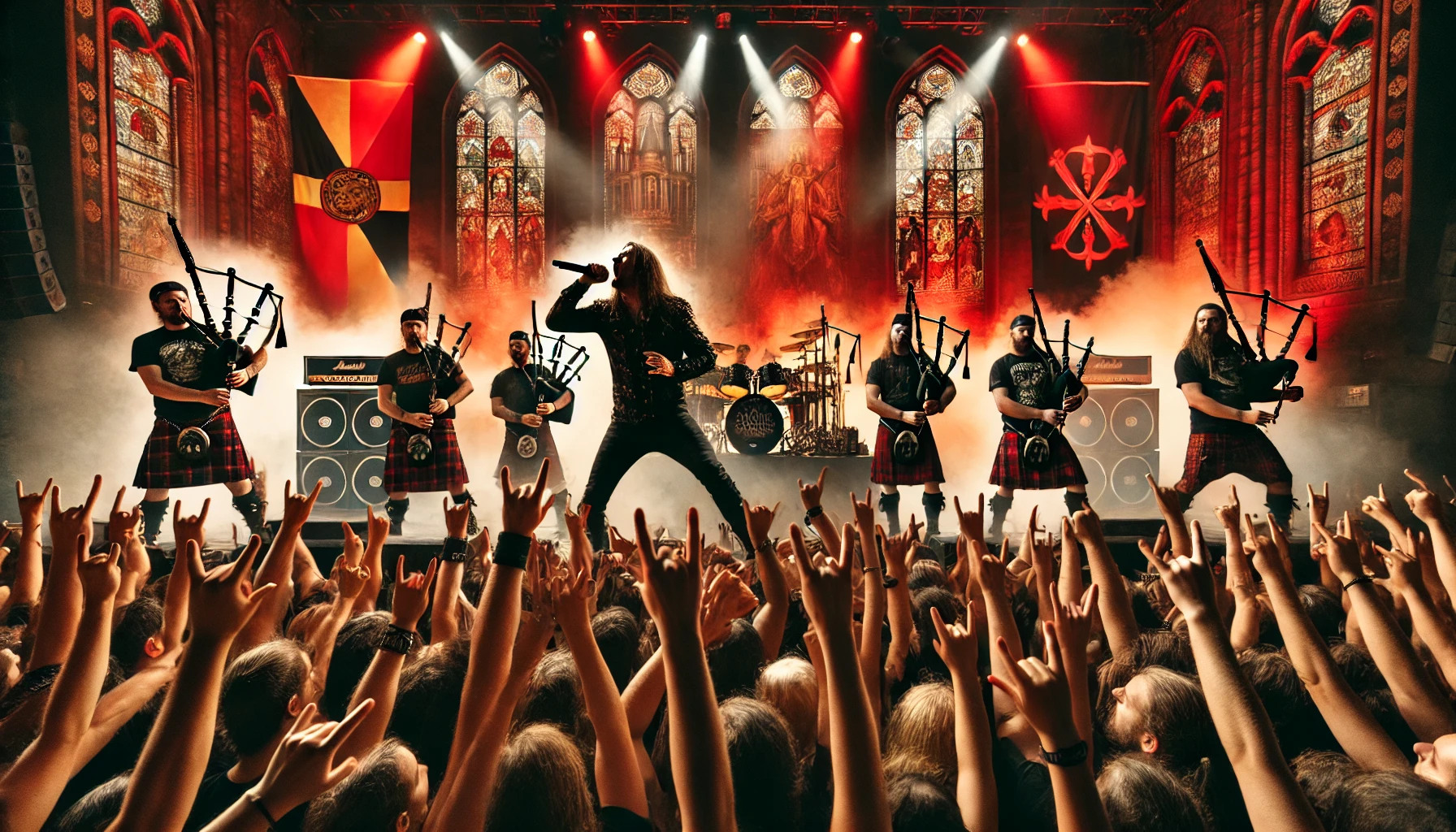 Medieval-inspired rock concert with Saltatio Mortis performing under red and golden lights, evoking rebellion and energy.