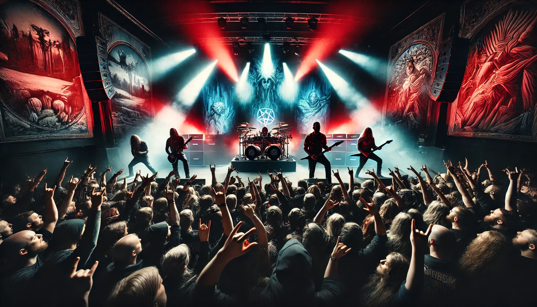 Live concert scene inspired by The Halo Effect, Pain, and Bloodred Hourglass performing in Copenhagen with intense red and blue stage lighting.