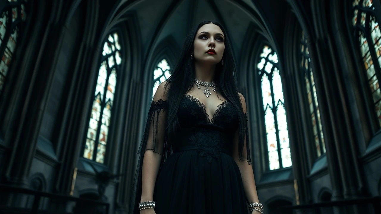 A gothic woman in a long black gown with dark makeup, standing in the center of a gothic cathedral surrounded by stained glass windows, her gaze piercing and intense.