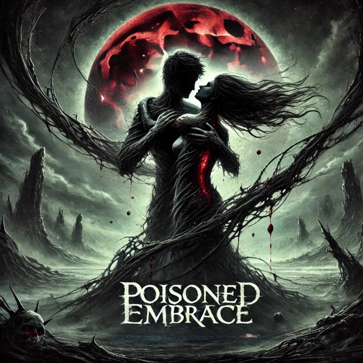 Venomous Sin - Poisoned Embrace album cover featuring two shadowy lovers intertwined beneath a red skull-like moon, surrounded by dark, eerie vines in a barren landscape, with the title ‘Poisoned Embrace’ at the bottom.