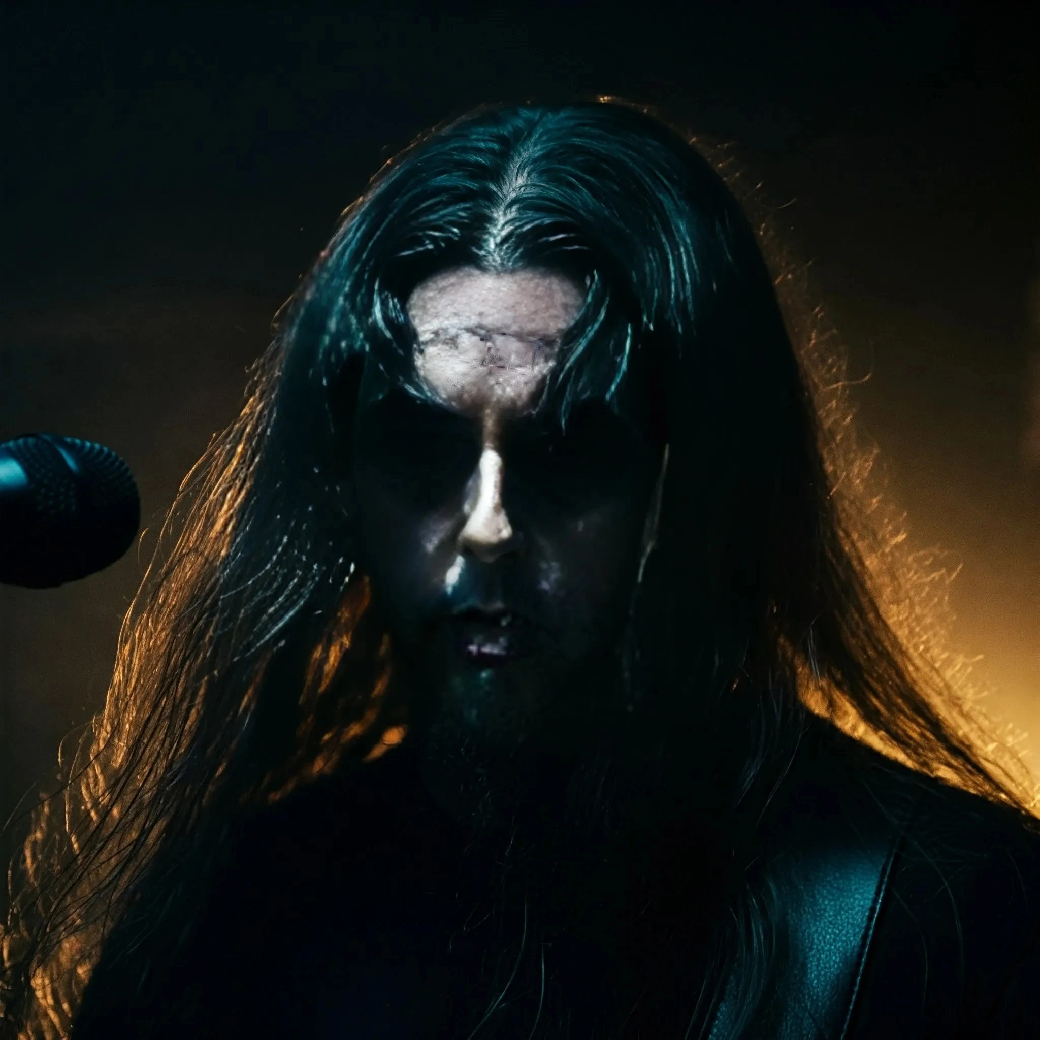 A black metalhead man performing on stage, with his face partially obscured in shadows and dramatic lighting giving an ominous effect.