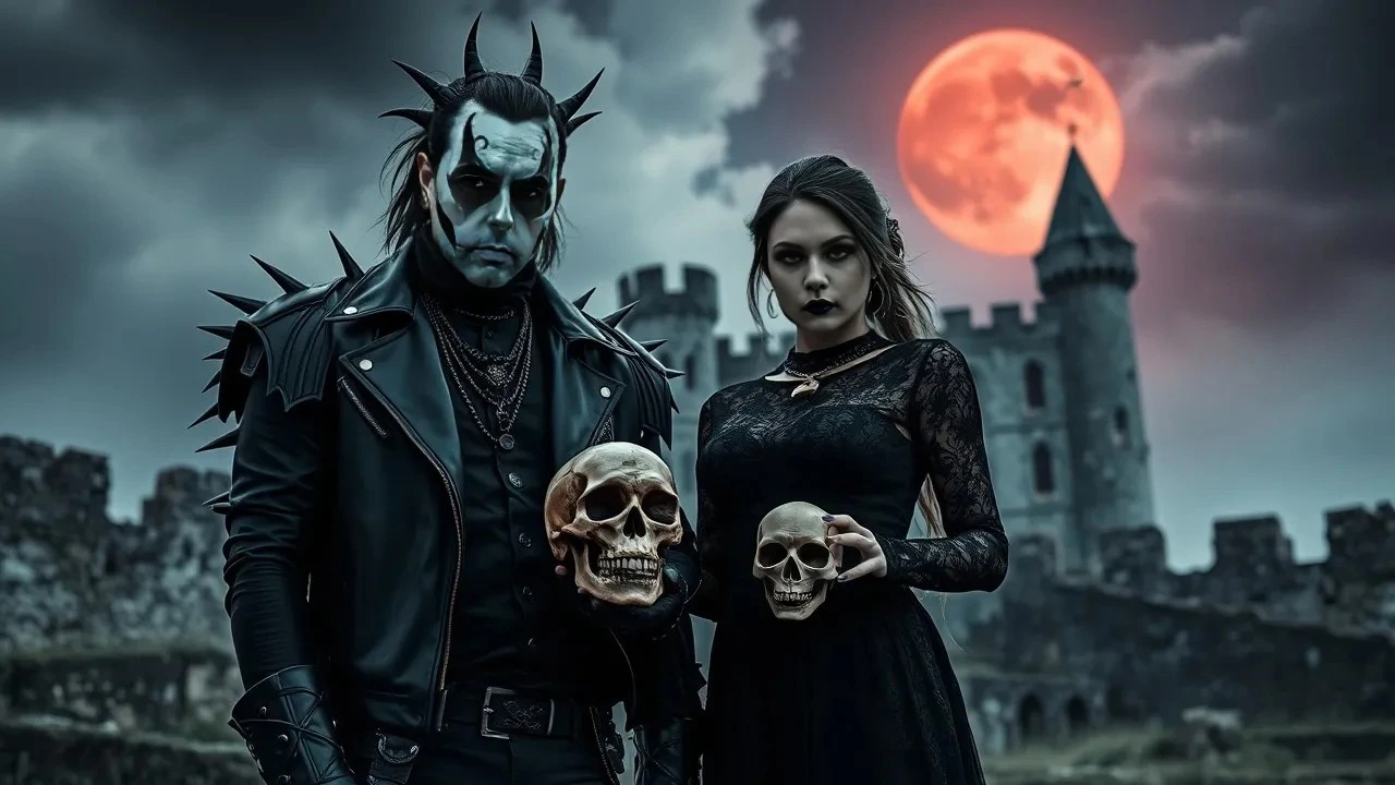 A black metal musician with corpse paint and a gothic woman holding skulls, standing in front of a dark castle with a red moon looming in the background, capturing a scene of dark unity and mystery.