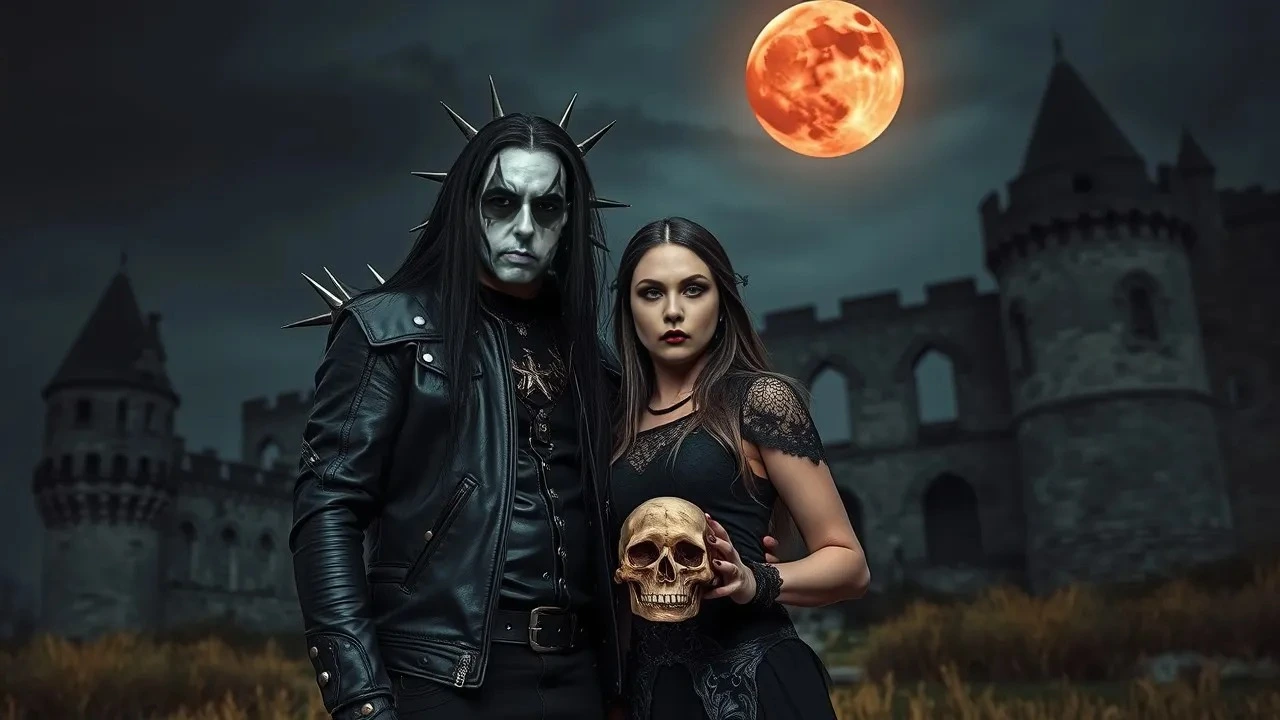 A black metal musician with corpse paint and a gothic woman in a black dress, standing together in front of a ruined castle under a blood-red moon, both holding skulls.