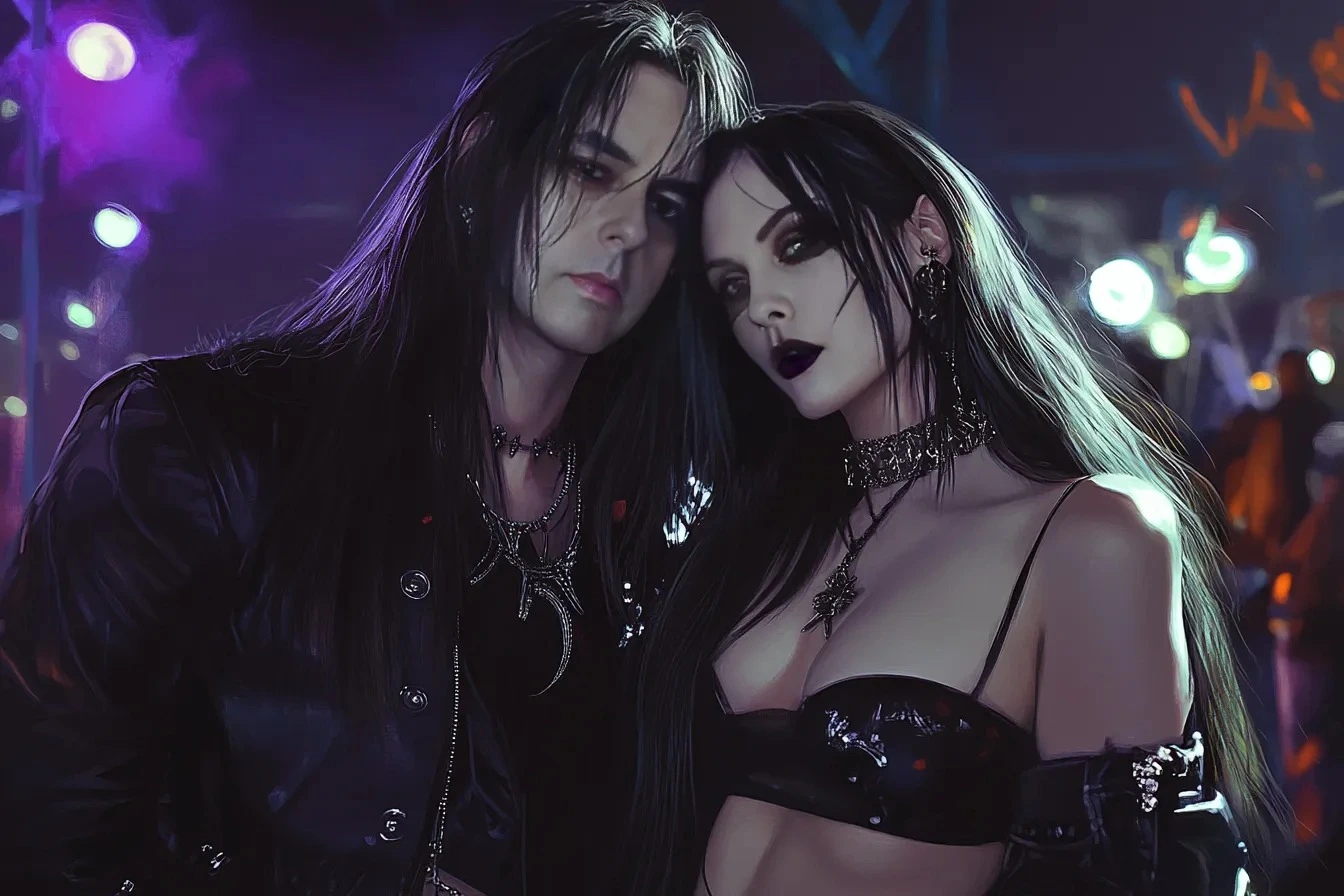 Goth couple in black leather and chains, standing in a neon-lit club setting, evoking the vibrant energy of the underground metal scene.
