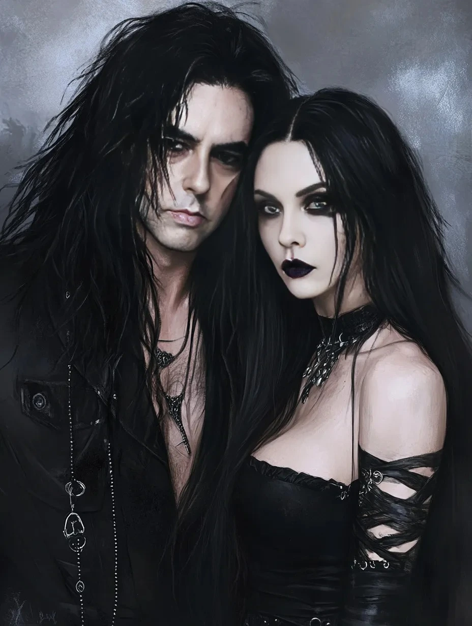 Gothic couple with long black hair, wearing dark clothing and intense makeup, posing against a smoky background, embodying the dark elegance of underground metal culture.