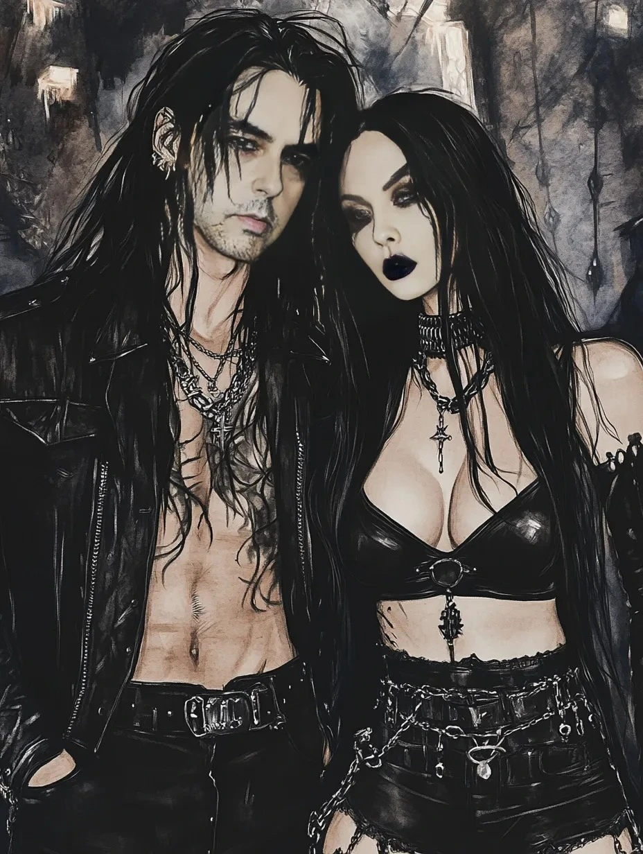 A gothic couple with solemn expressions, seated in leather attire against a moody, textured backdrop, reflecting the dark and intense essence of underground metal. 