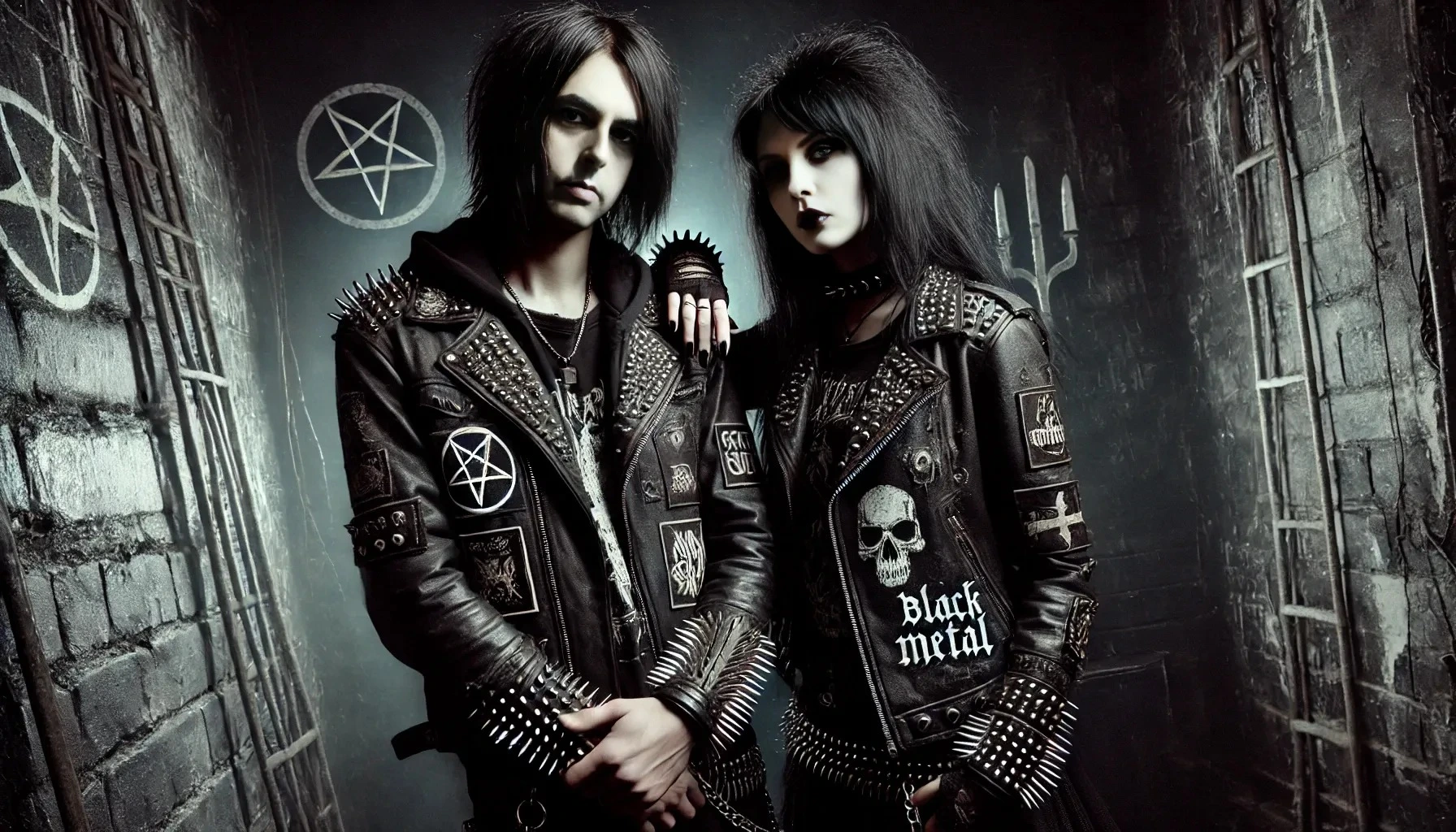 A black metal man and woman dressed in spiked leather jackets with band patches, standing together in a dark room with pentagrams and gothic symbols on the walls.