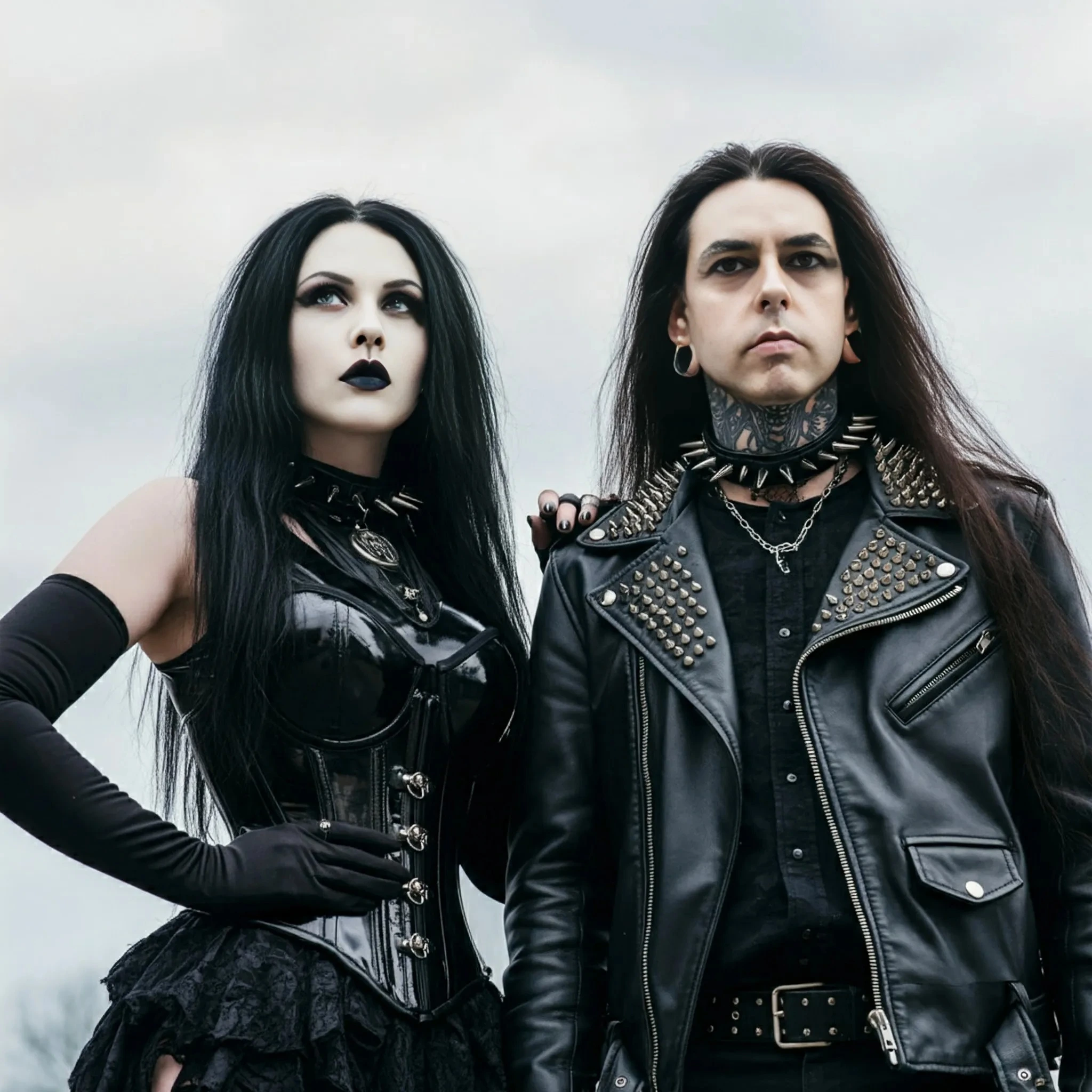 A gothic woman in a black corset and long gloves standing next to a black metalhead man in a leather jacket with studs, both looking intensely into the distance, with a moody overcast sky.