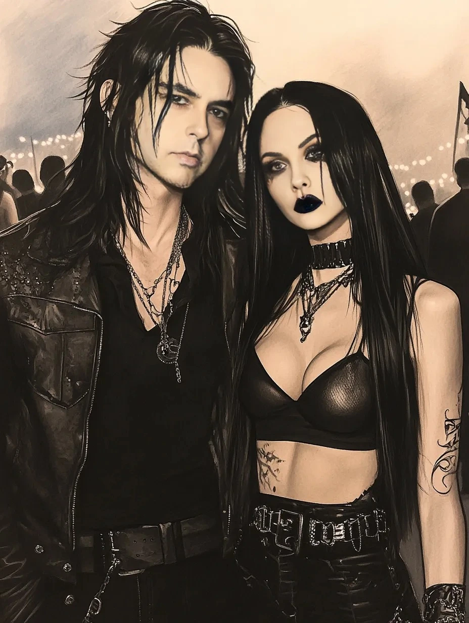 Gothic couple dressed in dark, leather outfits, surrounded by an industrial backdrop, showcasing the power and intensity of black metal culture.