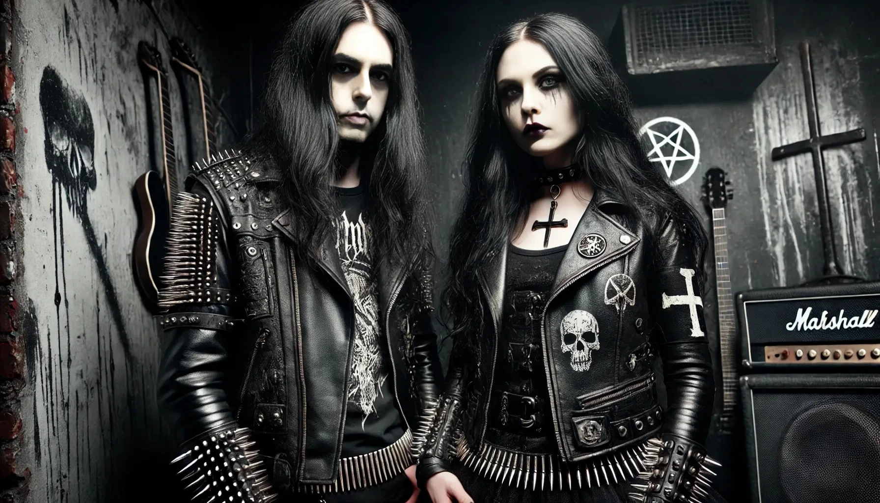A black metal man and woman in leather jackets adorned with metal spikes and dark makeup, standing in front of a wall with skull graffiti and guitars hanging behind them. 