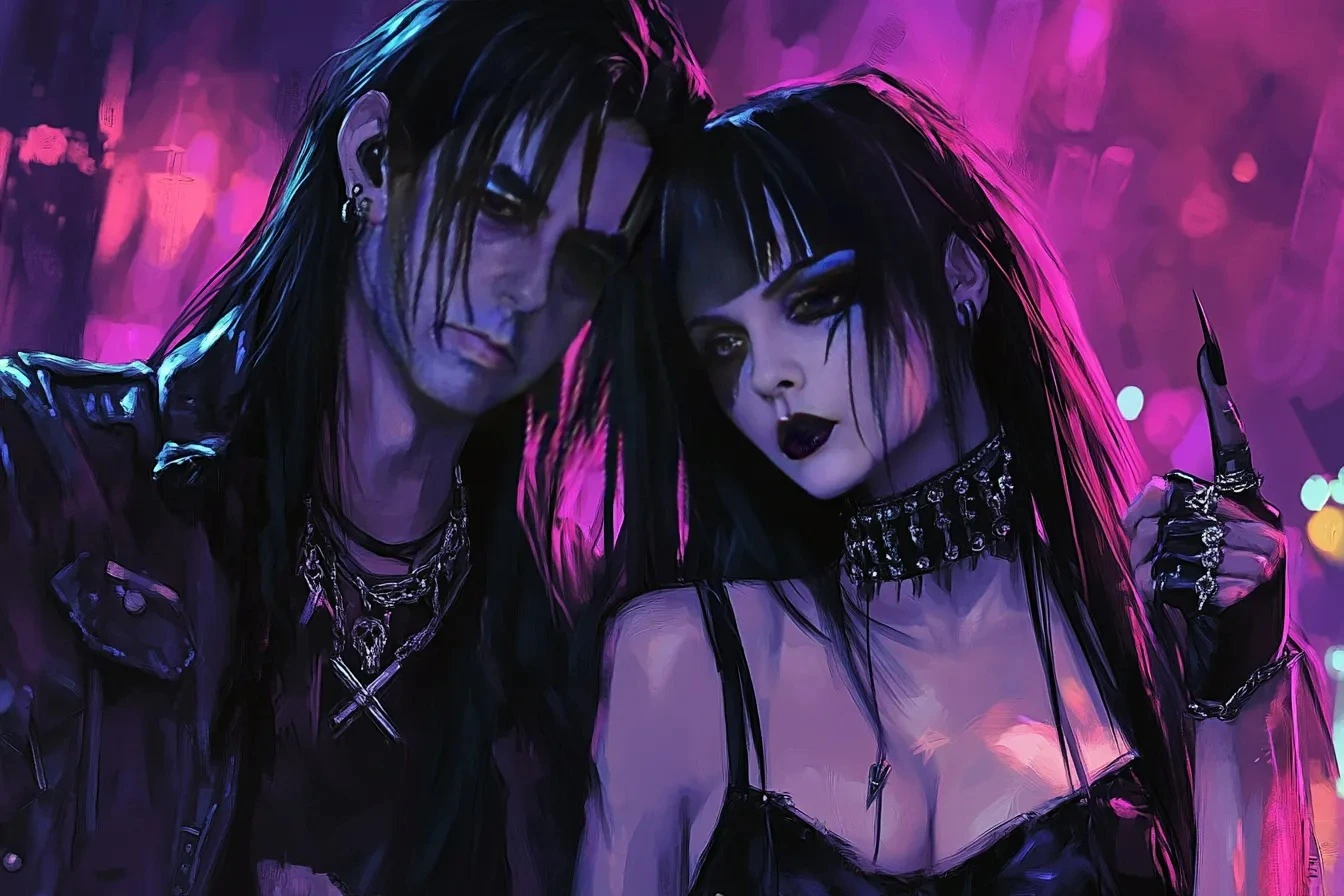 Dark gothic couple with heavy makeup and leather attire, illuminated by purple lights, portraying the mysterious and edgy vibe of the underground metal subculture.