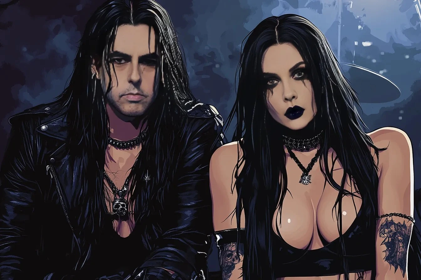 A goth couple in leather and dark makeup, sitting together in an intense atmosphere, with club lighting reflecting their underground aesthetic.