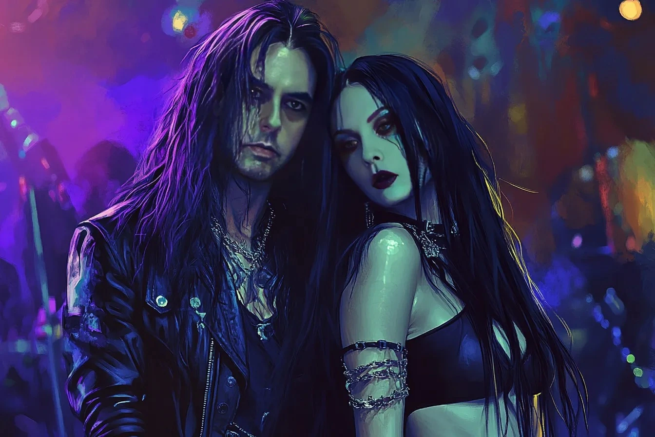 Gothic couple standing closely, wearing black leather with tattoos visible, representing the raw energy and intensity of the underground metal lifestyle.