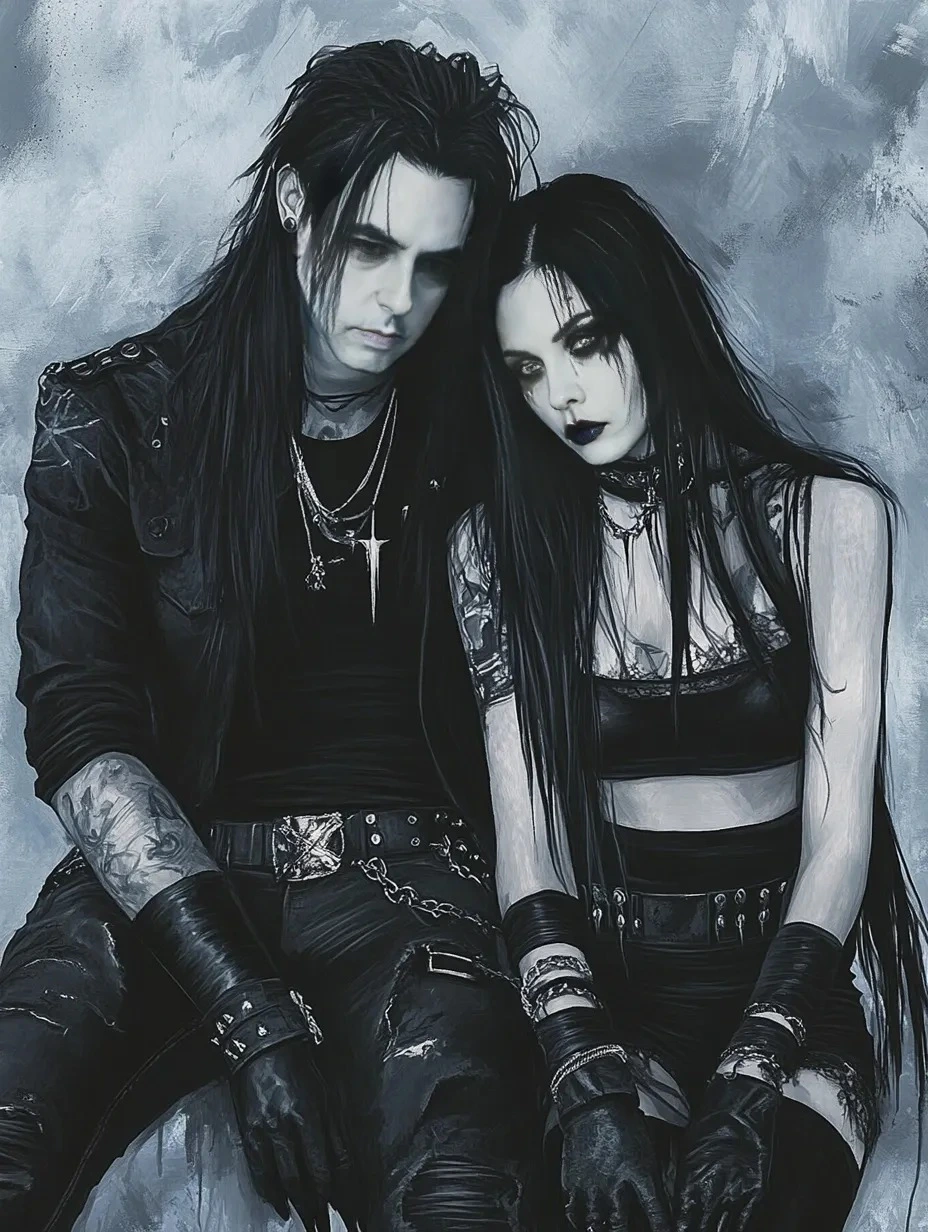 Gothic couple with dark hair and clothing, sitting side by side with somber expressions, embodying the melancholic and intense spirit of underground metal culture.