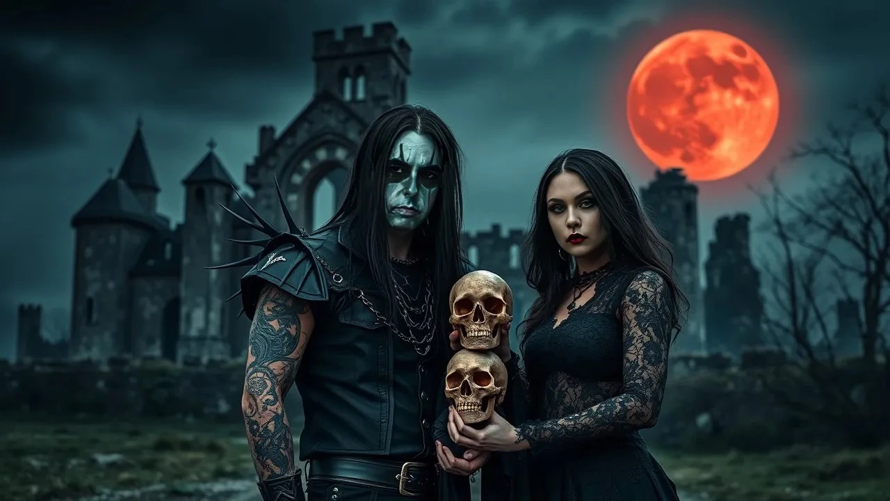 A black metal musician with face paint and a gothic woman in black lace, both holding skulls while standing in front of an ancient, ruined castle under a blood-red moon.