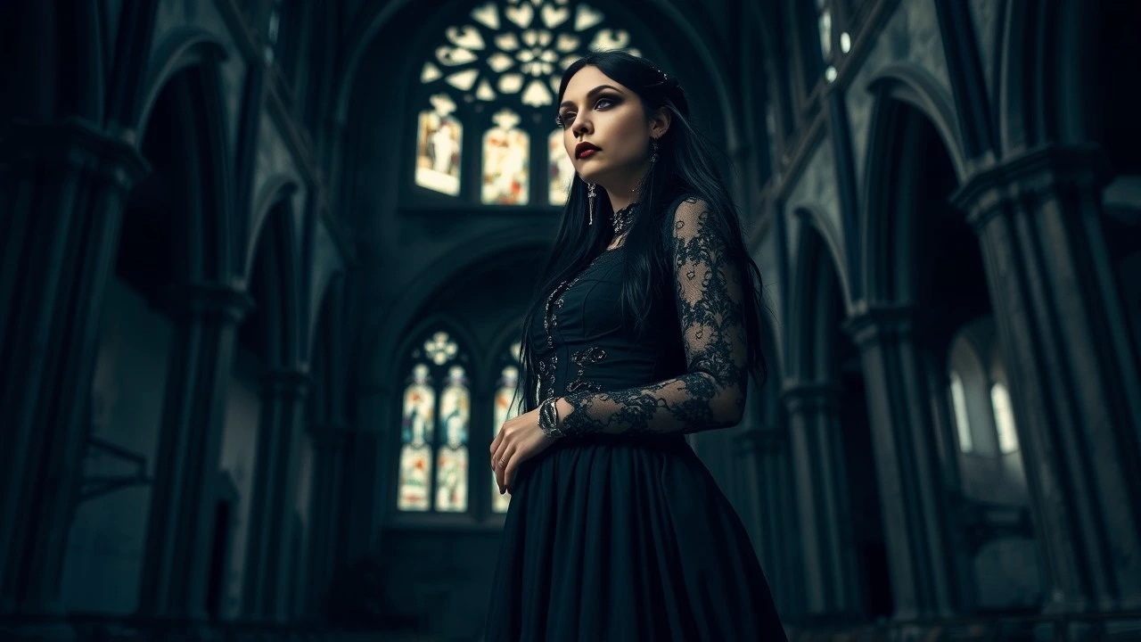 A gothic woman with dark hair and a black lace dress, standing solemnly in an abandoned cathedral with dim light filtering through stained glass windows.
