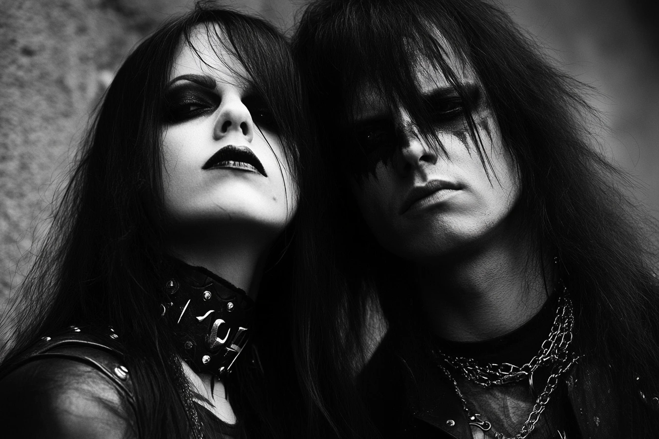 Gothic couple immersed in shadowy, eerie lighting, representing the somber and mysterious elements of the underground metal scene.