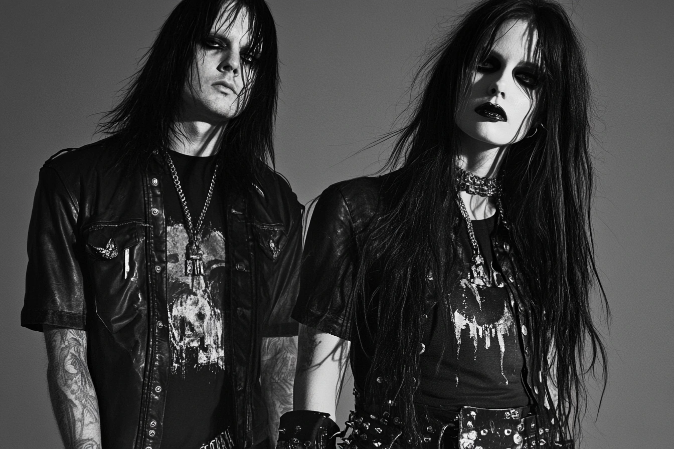 Gothic duo dressed in leather and metal, striking a pose that reflects the dark intensity of black metal and underground subculture.