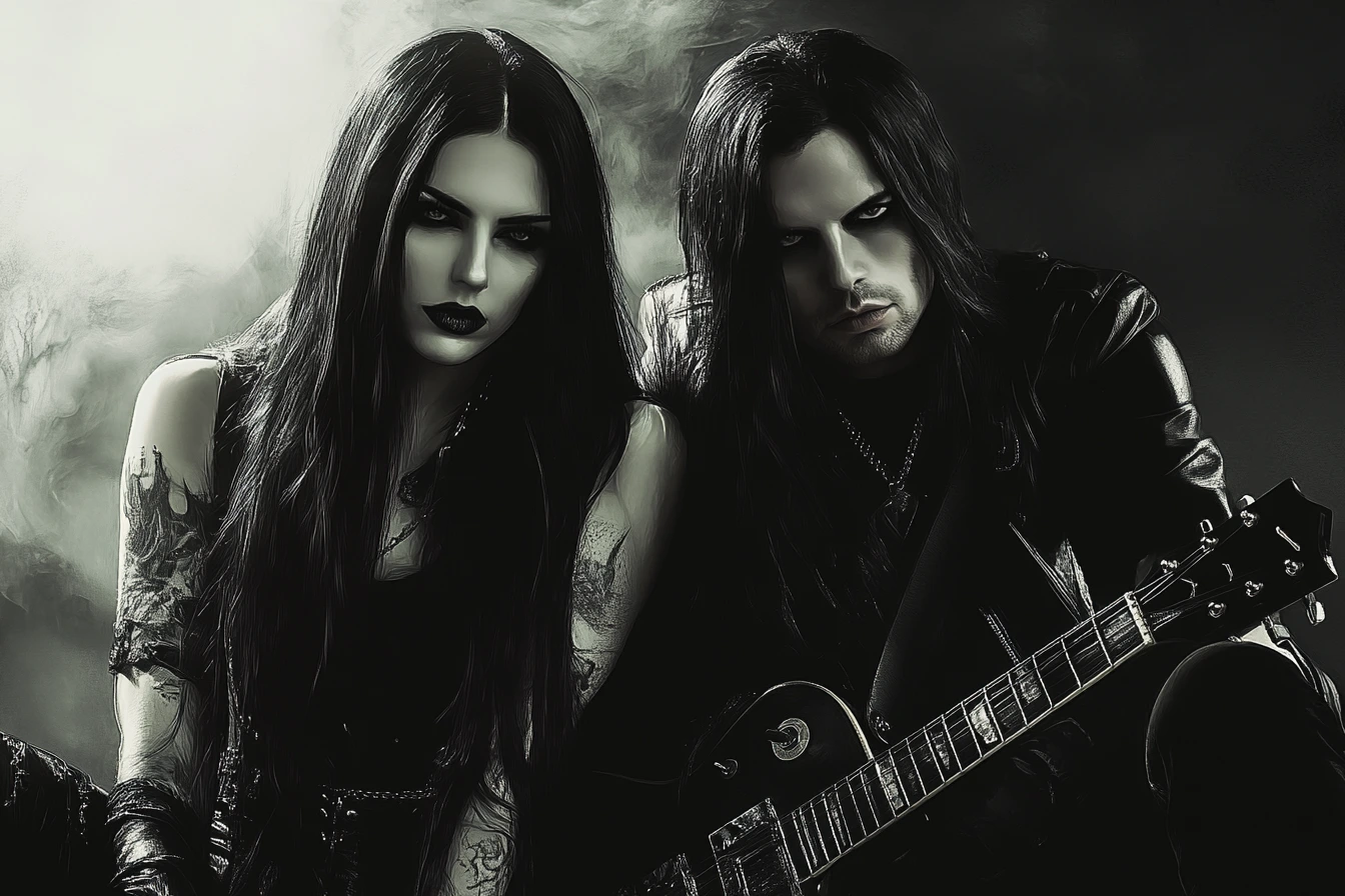 A gothic couple, both wearing black and staring intensely, holding a guitar in a dark, foggy atmosphere, representing the raw spirit of underground black metal.