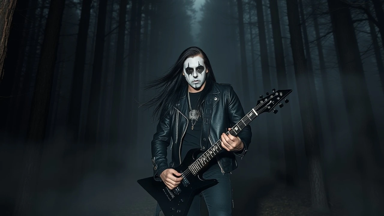 A black metal musician with long hair and corpse paint, standing in a misty forest, holding a guitar, exuding dark and rebellious energy.