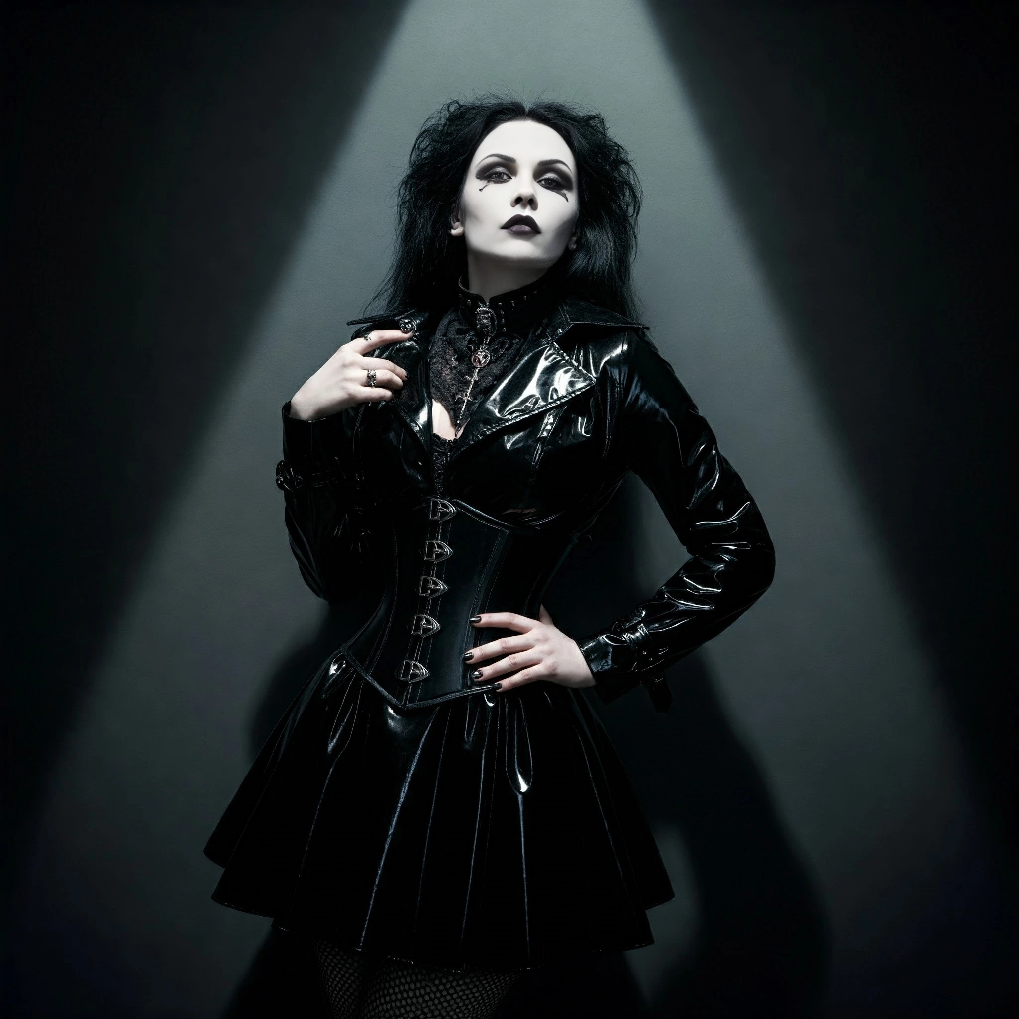 A gothic woman in a black PVC outfit, standing under dramatic lighting in a studio, with her hands on her hips and a serious expression.