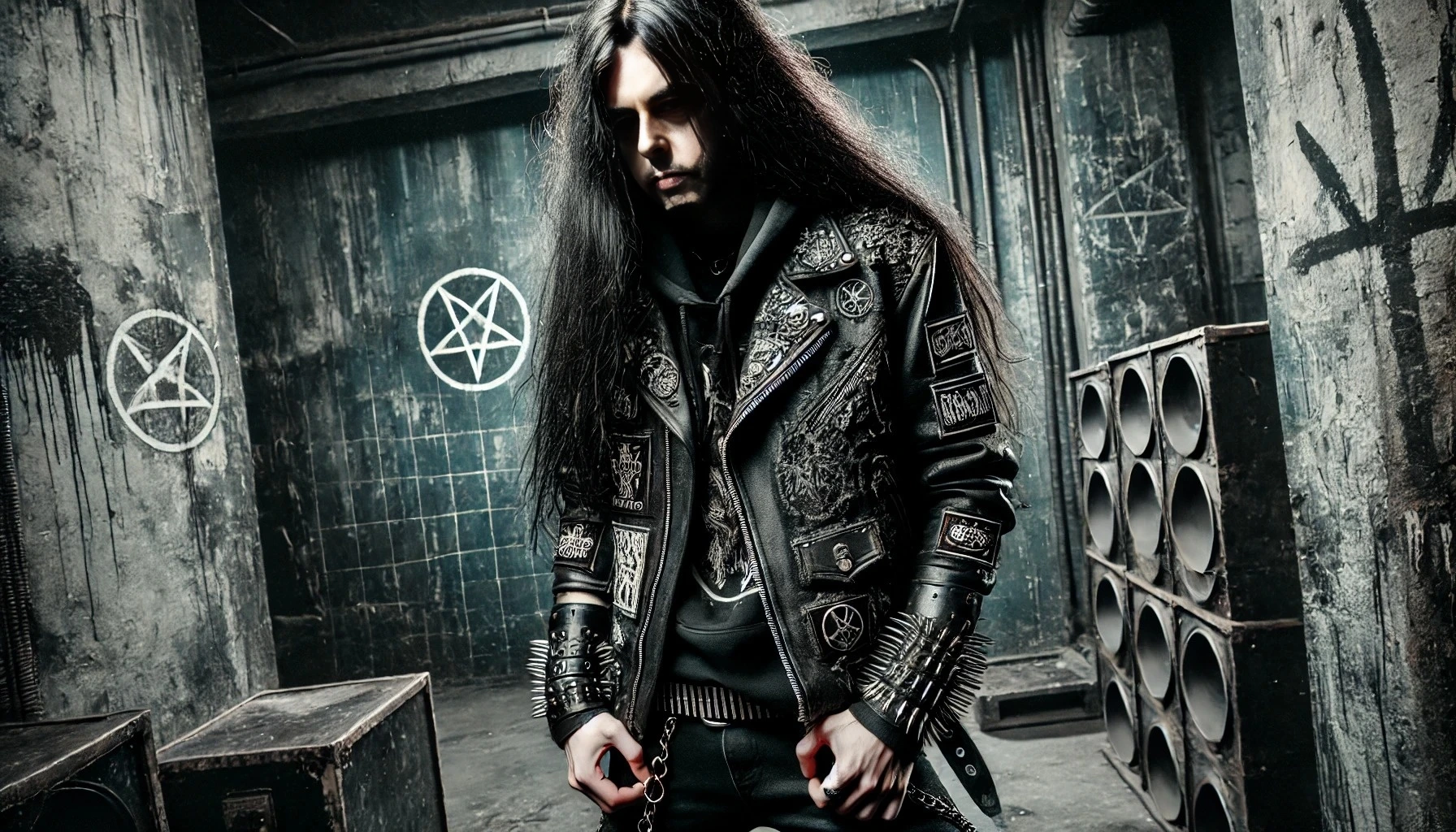 A lone black metal man with long hair, wearing a leather jacket with band patches, standing in a dark, grungy room with pentagrams and large speakers. 