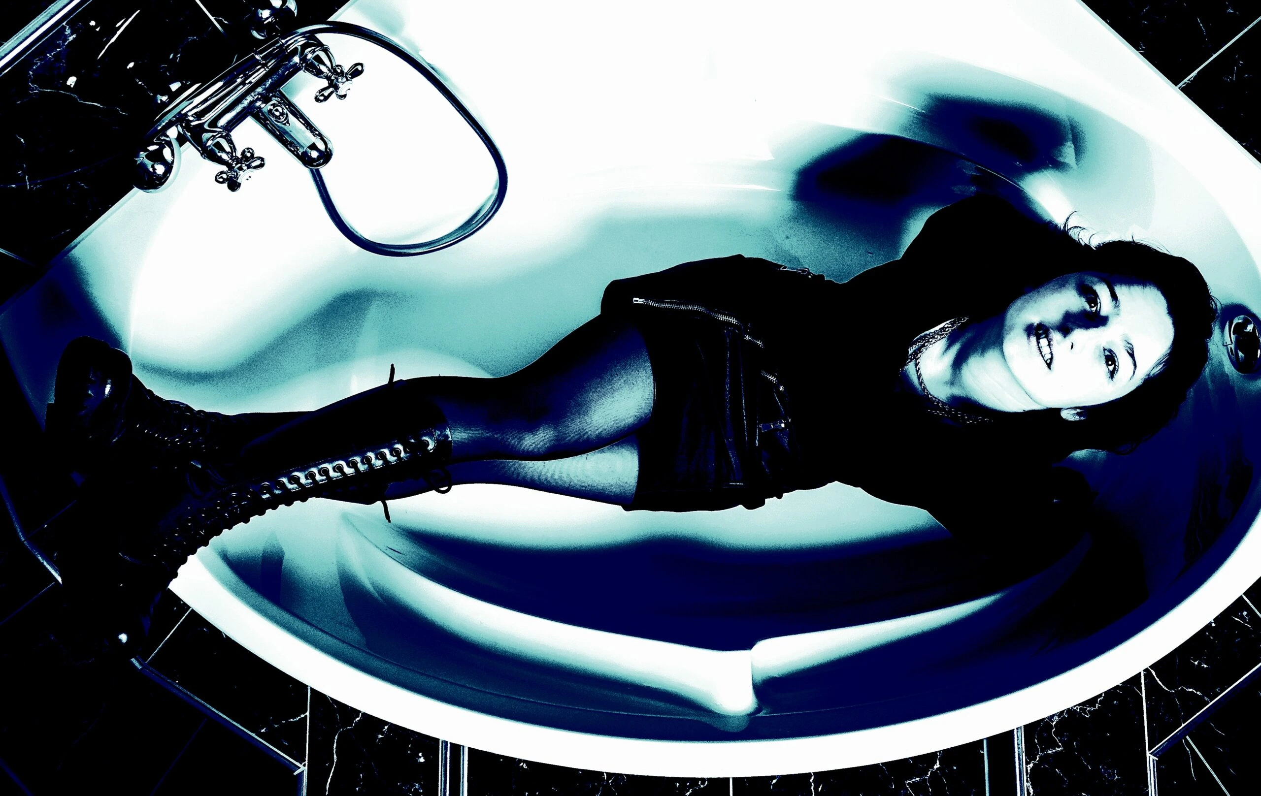 A woman dressed in a retro nurse costume, holding a syringe, captured in dramatic, noir-style lighting, exuding a dark and eerie mood.