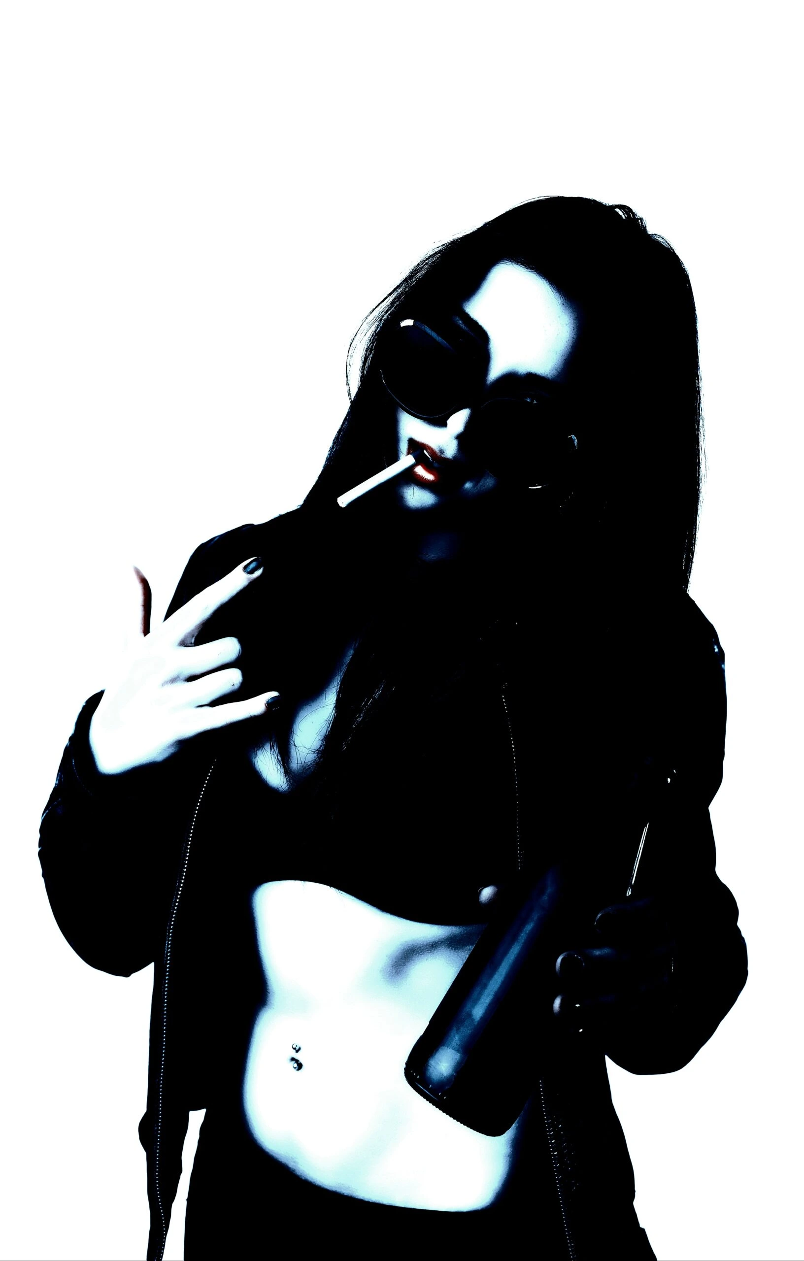 A rebellious woman with dark sunglasses, smoking a cigarette and holding a bottle, showcasing a carefree, unapologetic attitude in a high-contrast, punk-inspired style.