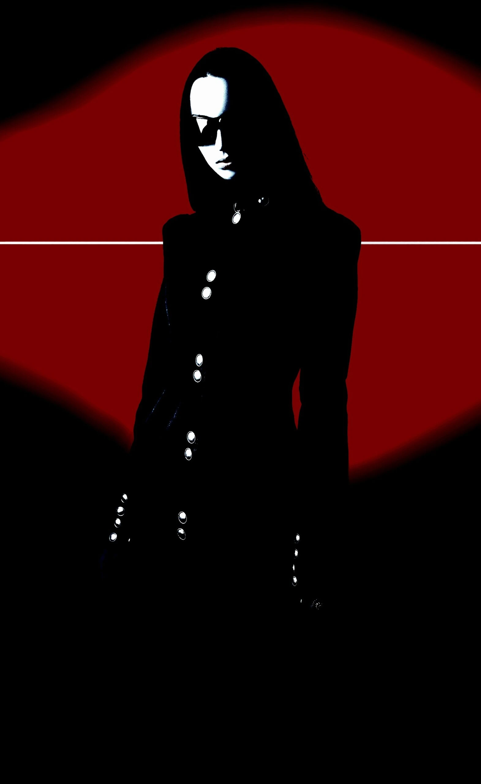 A woman dressed in all black, her face partially obscured by dark sunglasses, standing against a red and black abstract background, exuding a goth and futuristic atmosphere.