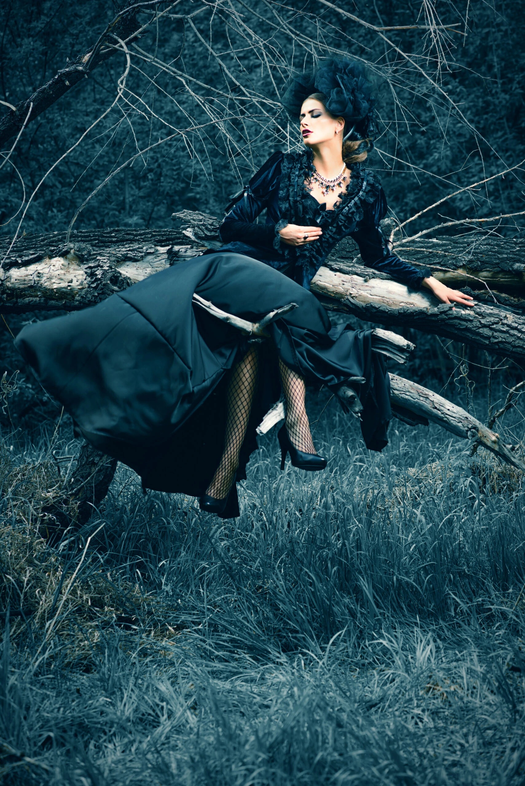 Woman in a dark, flowing gothic dress sitting dramatically on a fallen tree in an eerie forest, wearing fishnet stockings and high heels.