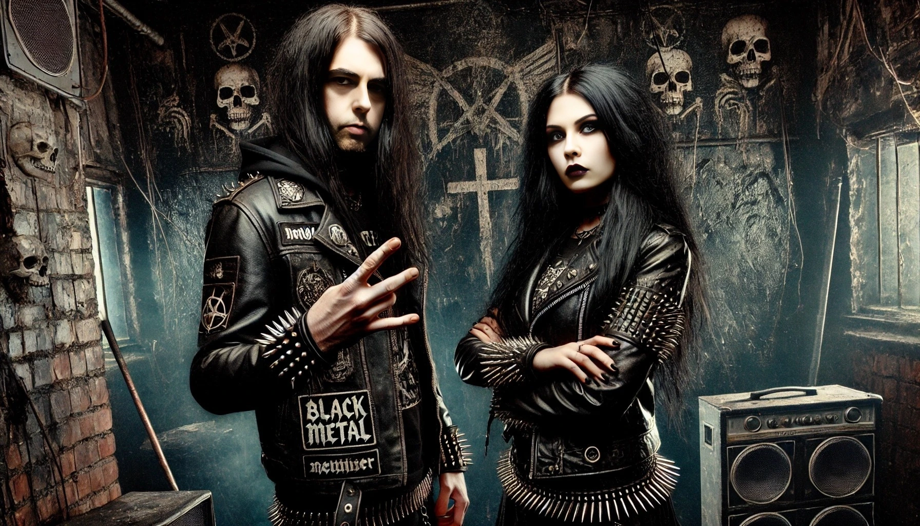 A black metal couple in matching spiked leather jackets, standing confidently in front of a dark, gritty background filled with skulls and gothic imagery.