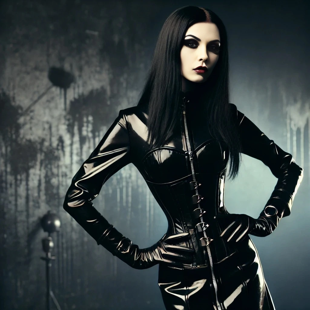 A gothic woman in a sleek, black vinyl corset with dark makeup, posing confidently in front of a textured, moody background.
