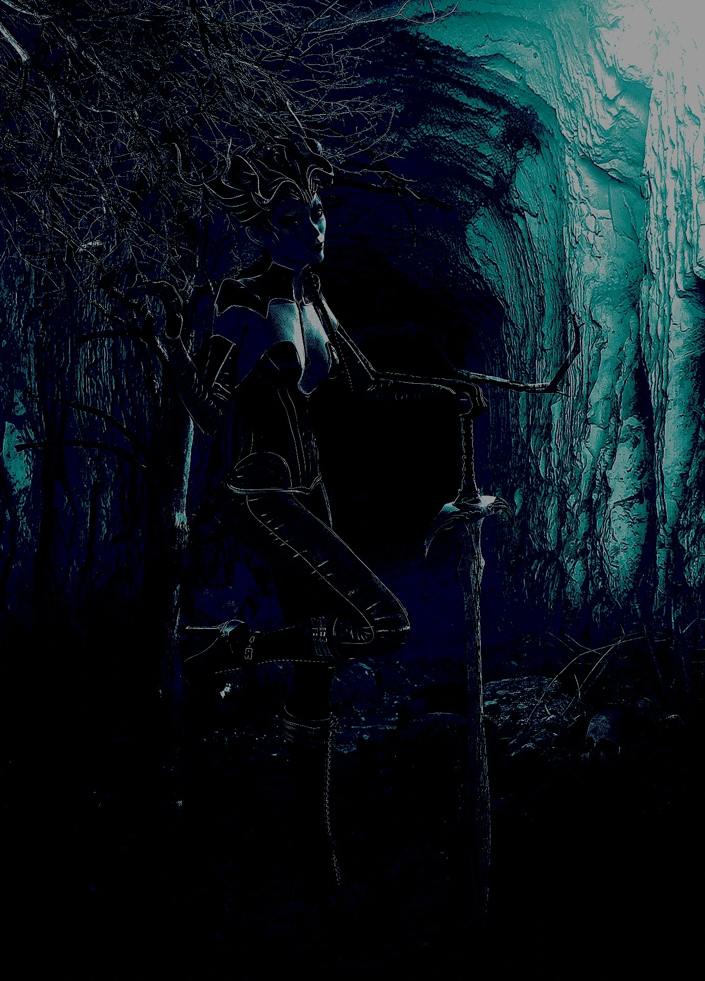 Gothic warrior woman in black leather armor, standing with a sword in a dark, mysterious forest, evoking a powerful and mystical atmosphere. 