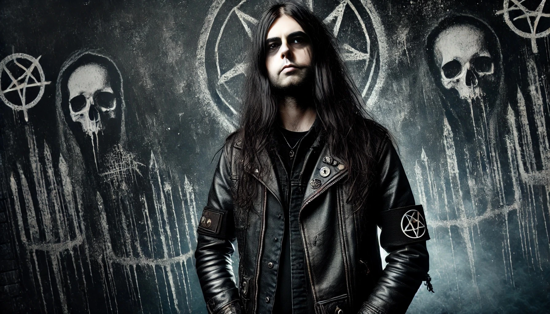 A black metal man wearing a leather jacket with band patches, standing confidently against a dark wall with pentagram and skull graffiti.