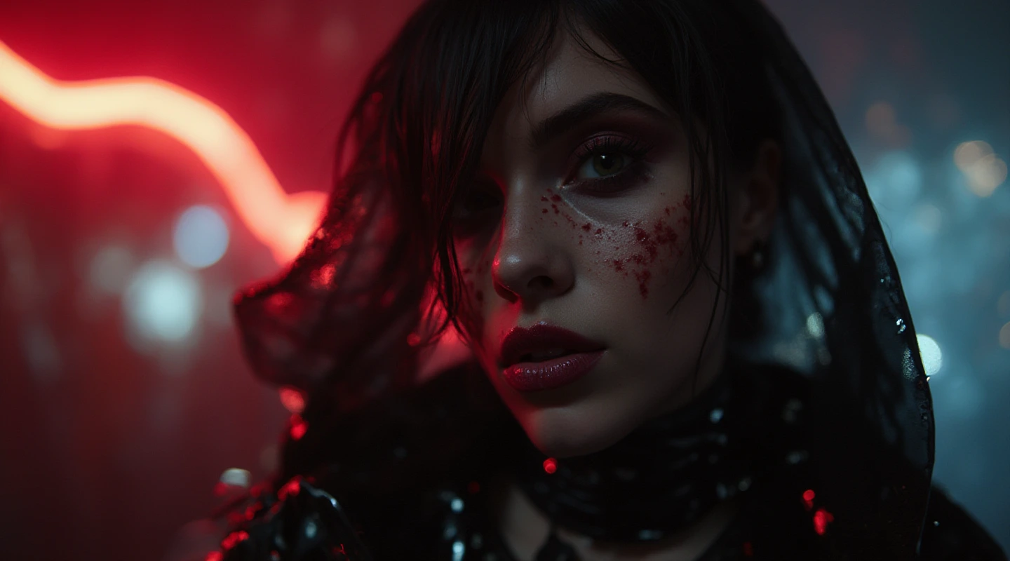 Close-up of a gothic woman's face with smeared blood on her cheek, illuminated by ominous red and blue neon lighting.