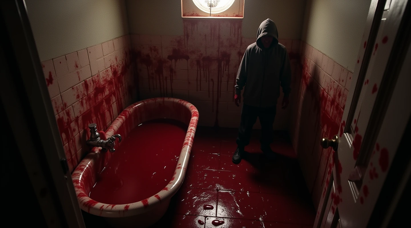 Grimy, blood-soaked bathroom scene with a surreal and chaotic vibe, featuring a shadowy figure and a bathtub filled with red liquid, capturing the essence of 'Hygienic Homicide Redux' by Bathtub Butchers.