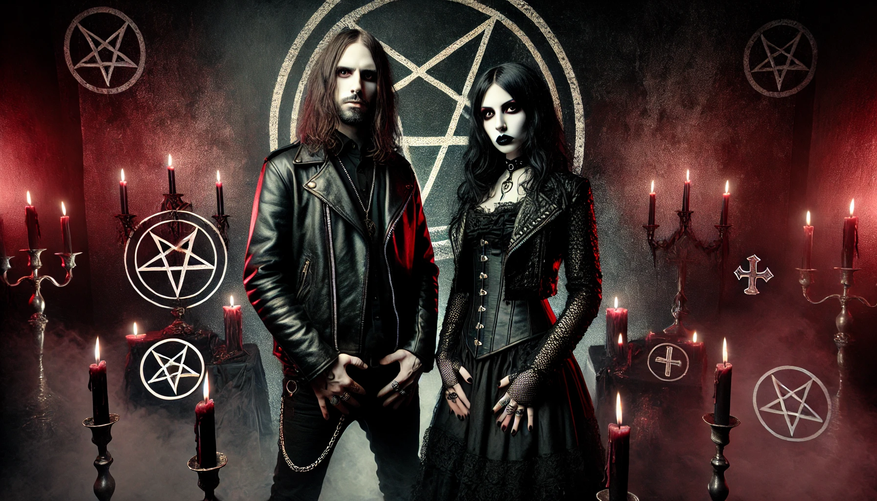 Gothic couple surrounded by pentagrams and burning candles, set against a dark background, symbolizing rebellion and anti-religious elements in metal music.