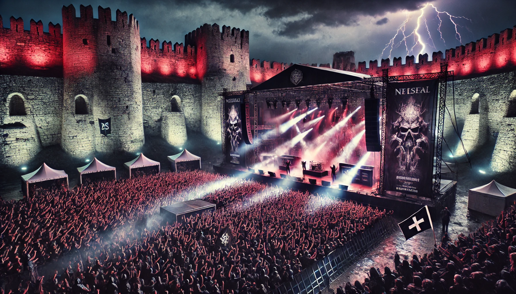 Metal festival in stone fortress, red and purple lights, band performing, and fans under a lightning-filled sky.