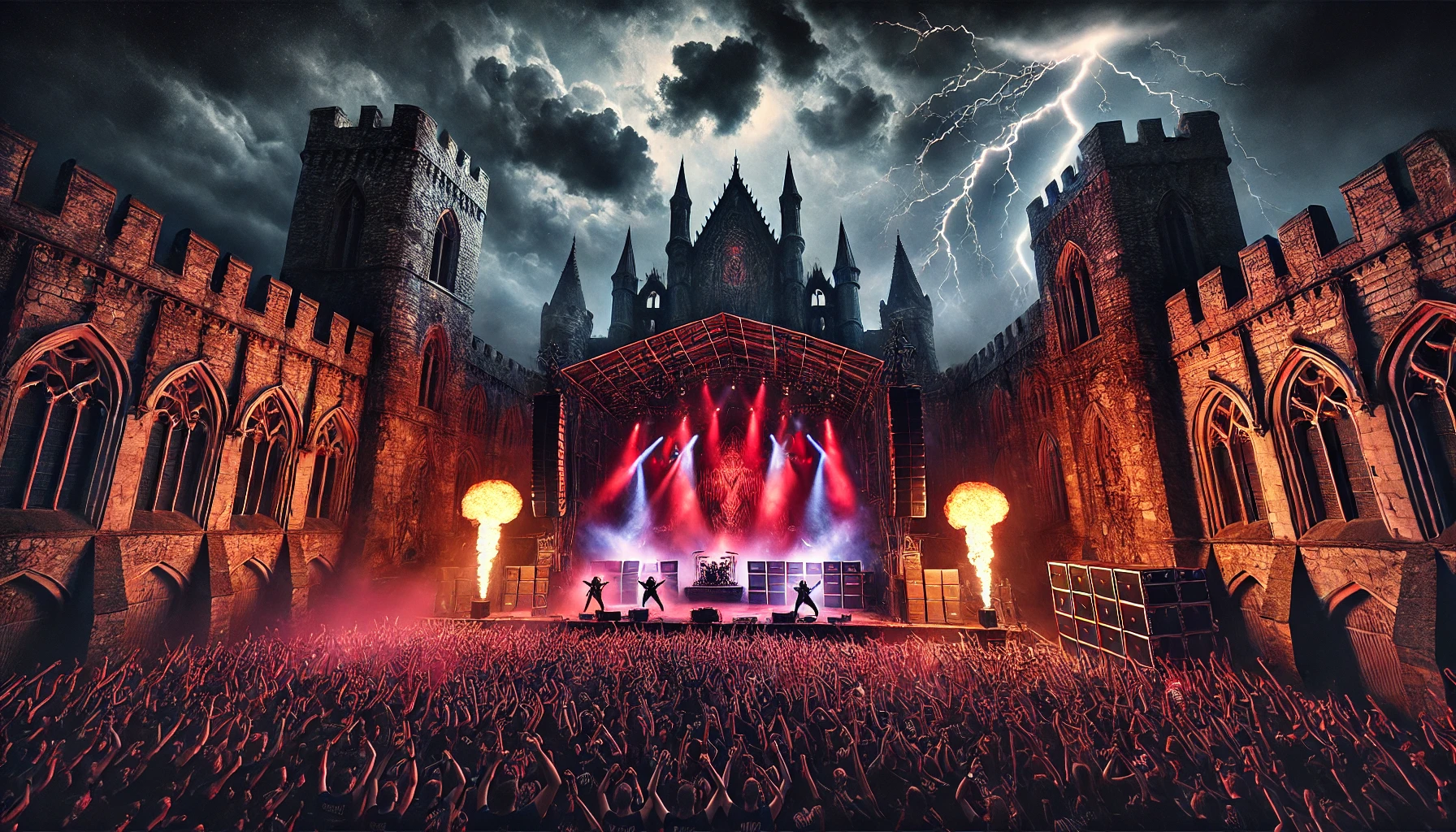 Night scene of metal festival in medieval fortress, fiery stage, stormy sky, and crowd raising hands. 
