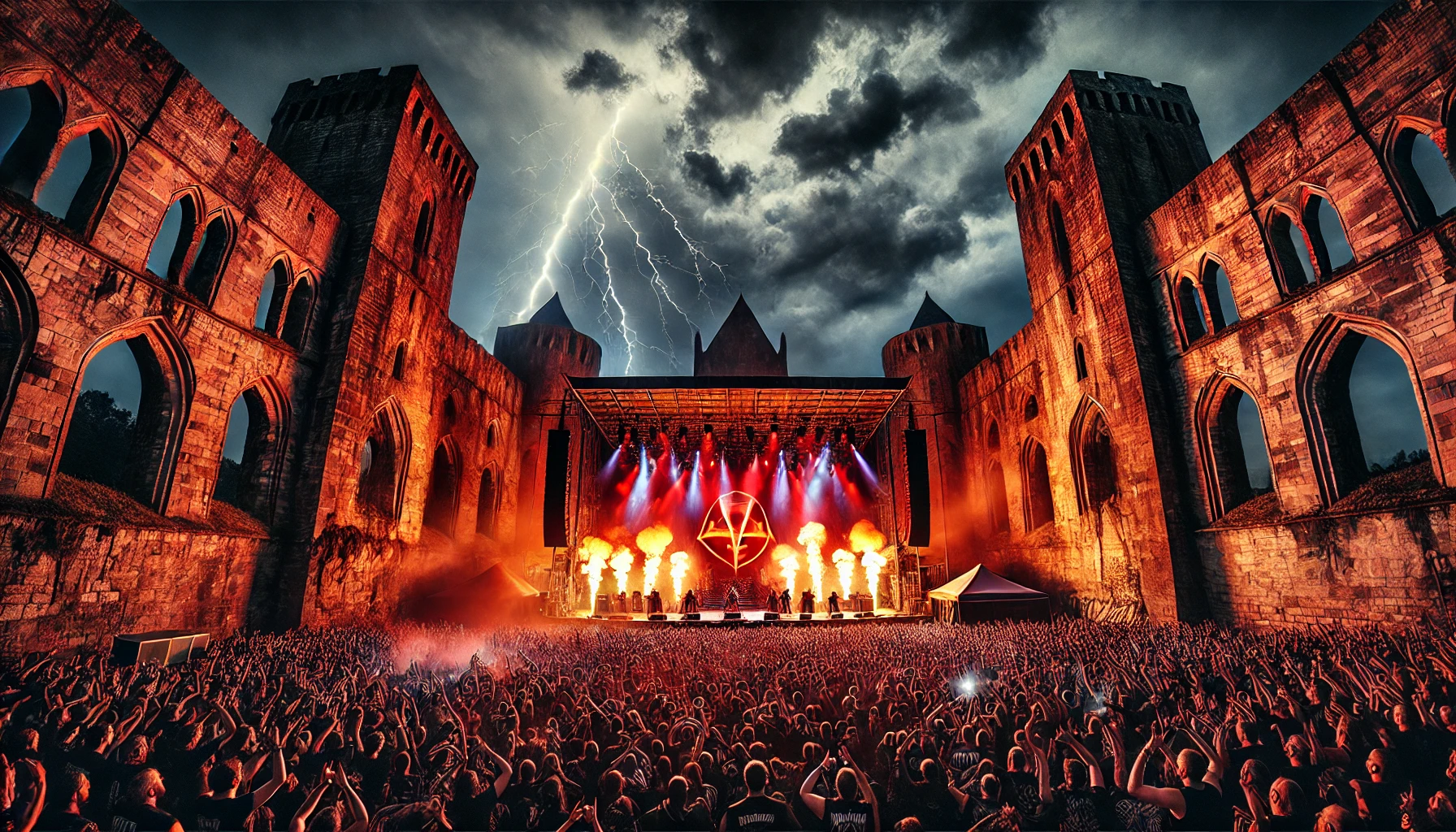 Metal festival in ancient fortress, red lights, pyrotechnics, lightning in sky, and fans with raised hands.