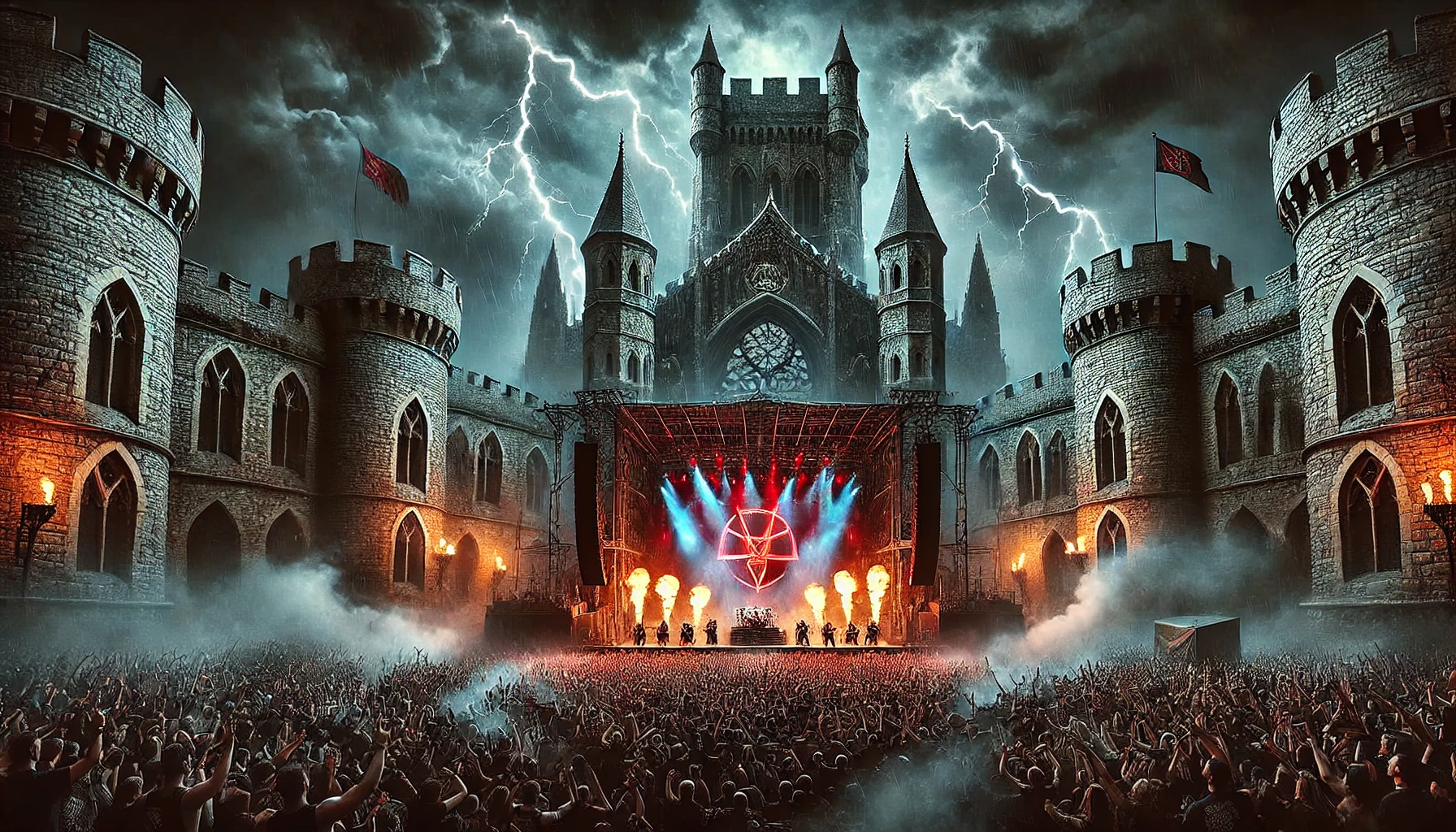 Metal festival in ancient fortress at night, red lights, pyrotechnics, stormy sky, and crowd raising hands.
