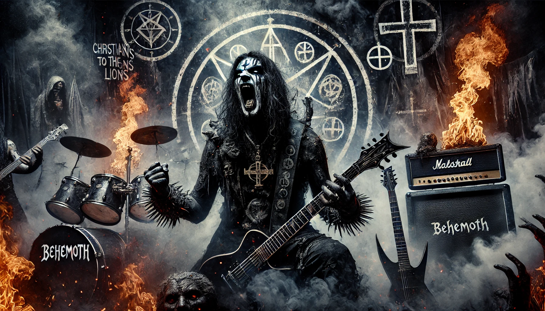 Dark figure with face paint screaming into microphone amidst flames and gothic symbols, embodying Behemoth's intense, rebellious energy.