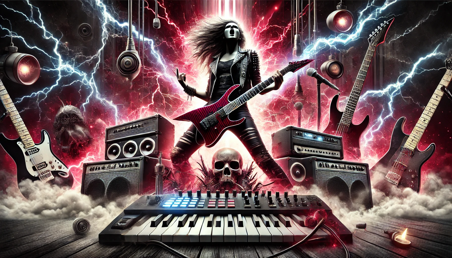 Dynamic metal music-themed image with electric guitars, synthesizers, lightning bolts, and a gothic aesthetic.