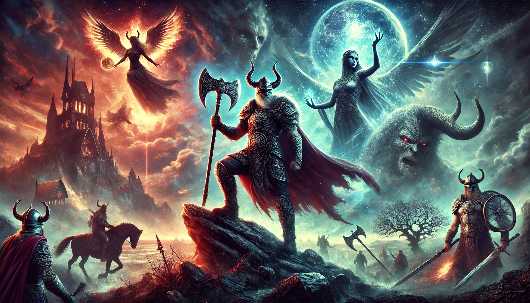 Epic Viking warrior with glowing axe on rocky cliff under stormy sky, surrounded by Yggdrasil, Valkyrie, and fiery Norse mythology scenes.