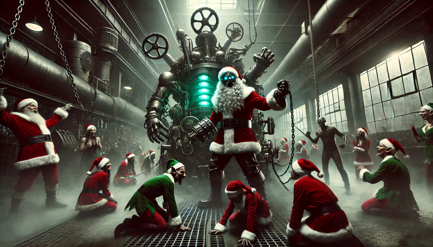 Dystopian Christmas scene with tyrannical Santa in a war-torn factory, enslaved elves, and gothic industrial vibes.