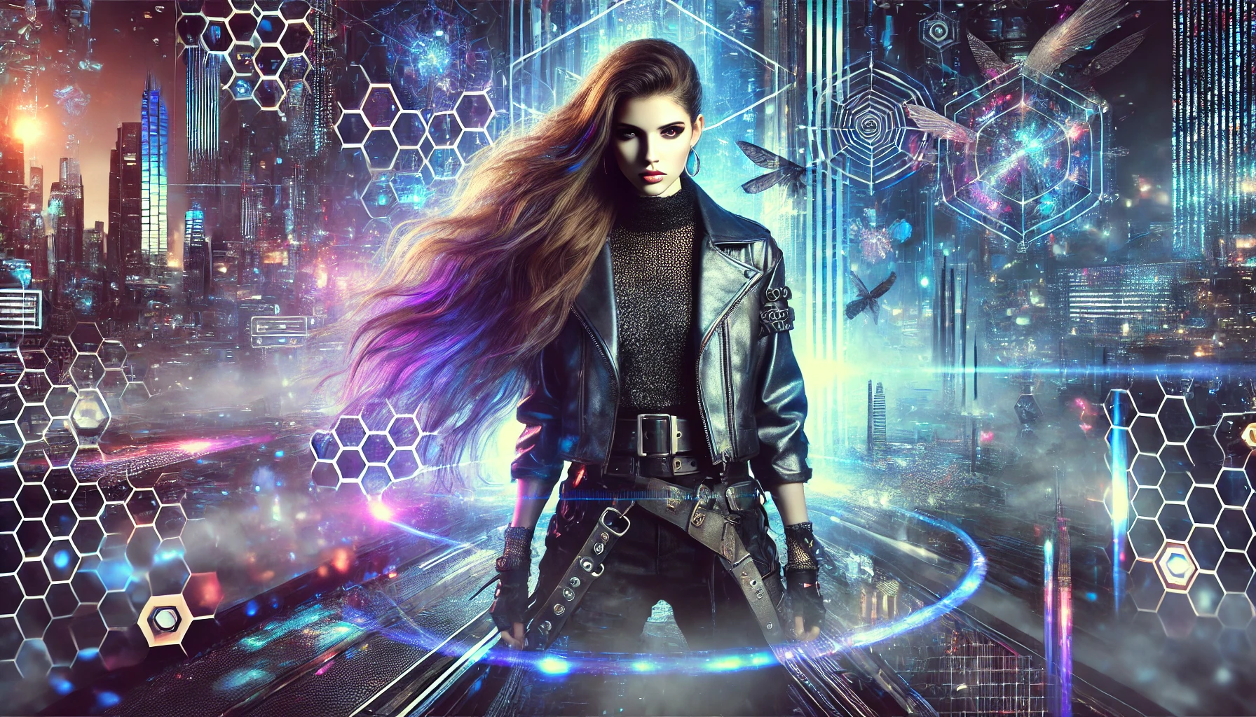 Futuristic artwork of a female metal vocalist in a cyberpunk setting with glowing neon lights, holographic effects, and a dark sci-fi cityscape background.