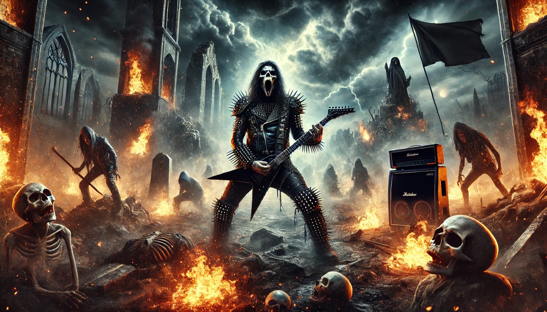 Thrash metal-inspired scene with a spiked figure, guitar, flames, skulls, and a dystopian battlefield under stormy skies.