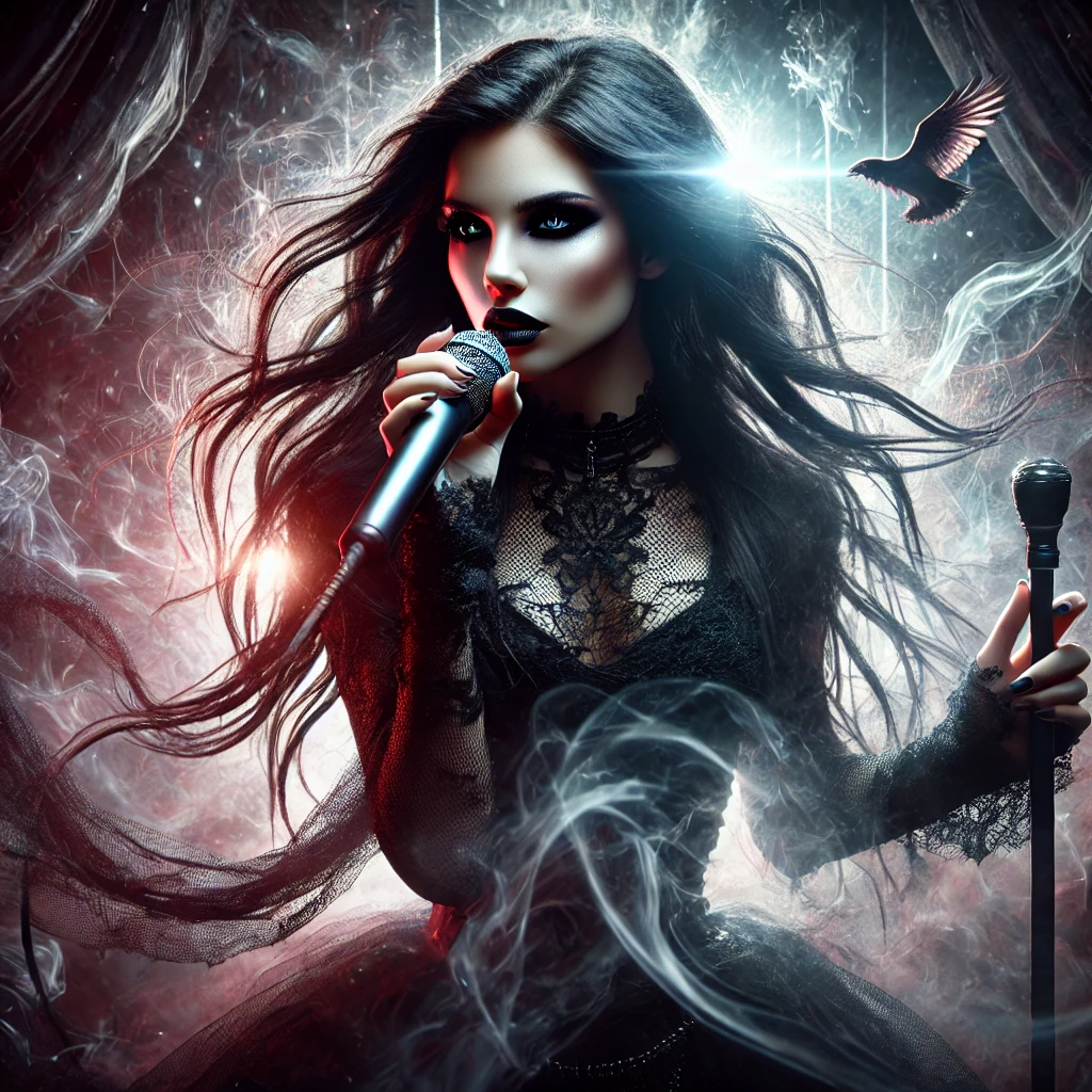 Close-up of a gothic female metal vocalist in black lace, holding a microphone, surrounded by mist and crimson light.